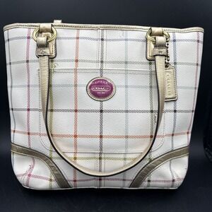 Coach Peyton Tattersall Tote Bag Womens Beige Plaid Leather Shoulder Purse EUC!